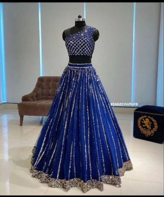 Royal Blue Fancy Silk One Shoulder Lehenga Choli