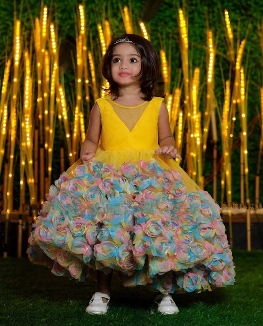 SS HEAVY TISSUE NET GOWN FOR GIRLS WITH HEAVY RAINBOW🌈 PETAL EMBROIDERY WORK