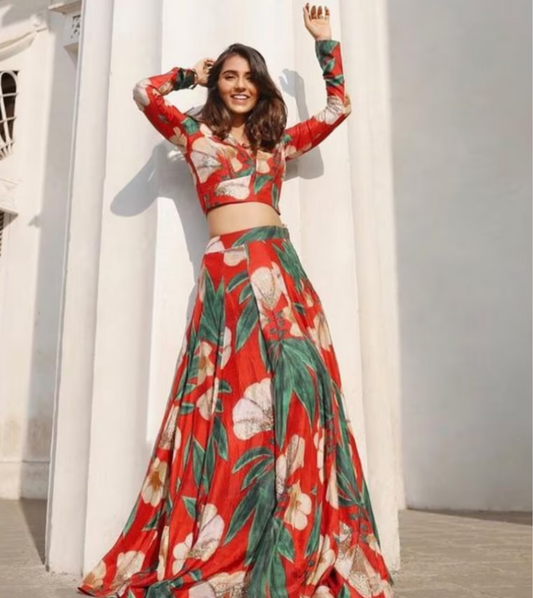 Trendy Printed Blouse With Skirt Set, Indowestern Outfit For Women, Indian Wedding Mehendi Sangeet Party Wear Outfit