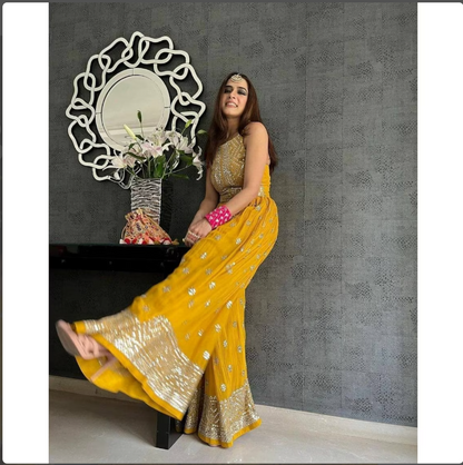 Yellow Designer Indian Wedding Dress For Haldi Sangeet Mehendi Reception Cocktail, Stitched Indian Dress, Indowestern Jumpsuit Dress