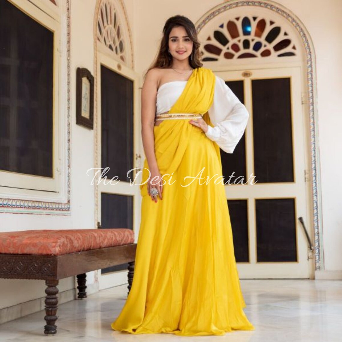 Yellow Indowestern Ready To Wear Saree With Stitched Designer Blouse And Belt, Indian Wedding Haldi Reception Party Wear Saree For Women