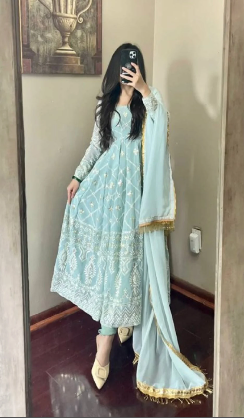 Sky Blue Anarkali Georgette Gown With Embroidery Sequence Work