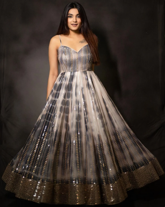 Grey Gown With Digital Print And Sequence Embroidery