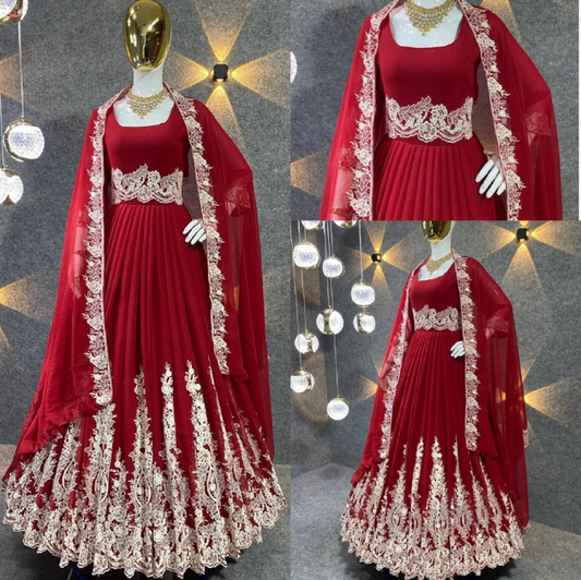 Red Georgette Anarkali Gown With Multi Needle Work And Embroidery Work