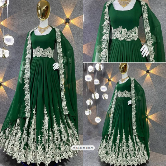 Green Anarkali Gown With Multi Needle Work And Embroidery Work