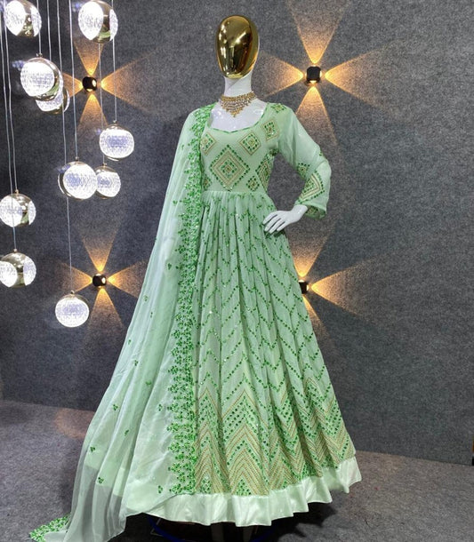 Sea Green Anarkali Gown With 9mm Sequence Work And Thread Embroidery