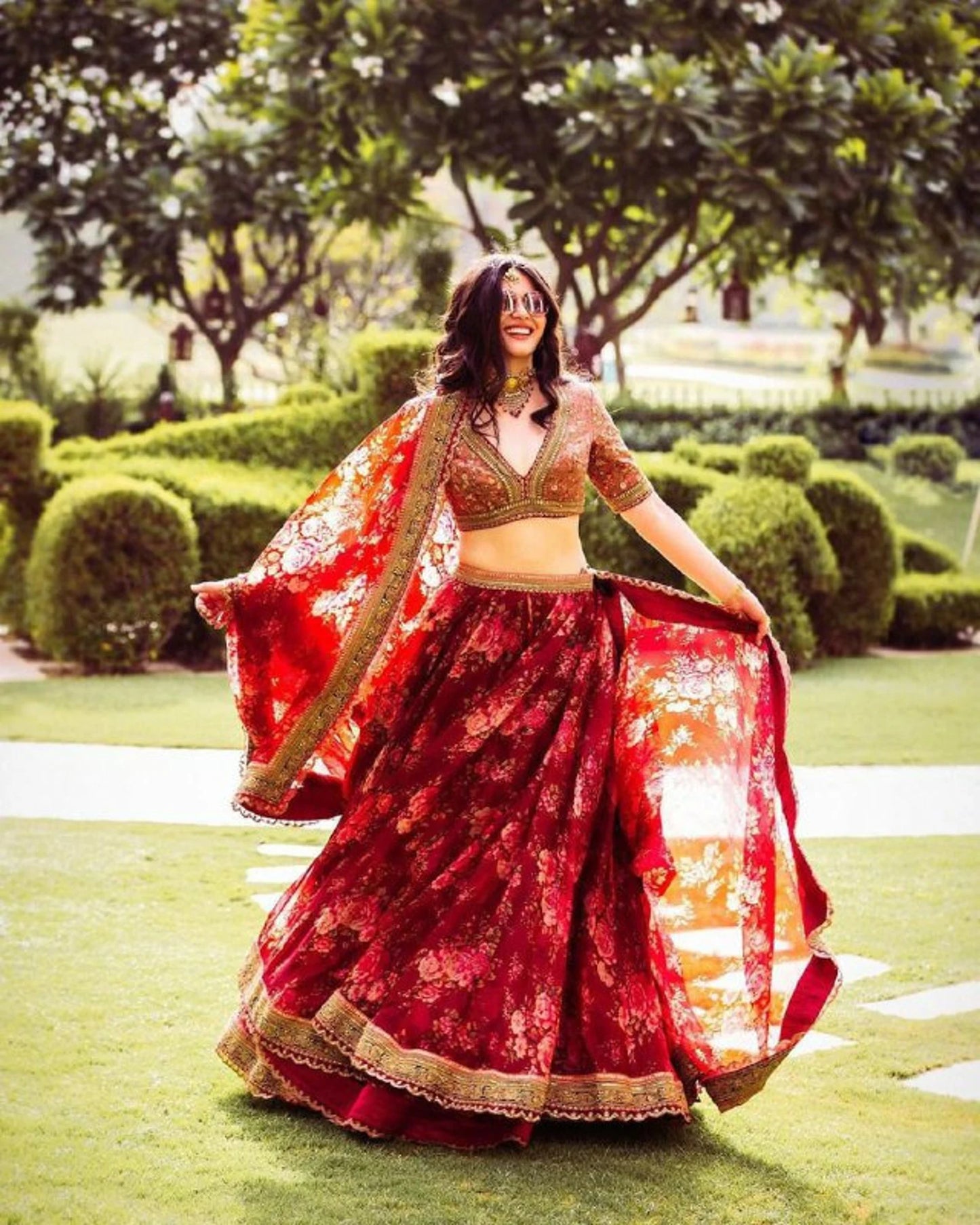 Red Khadi Organza Lehenga And Dupatta With Mulberry Silk Blouse