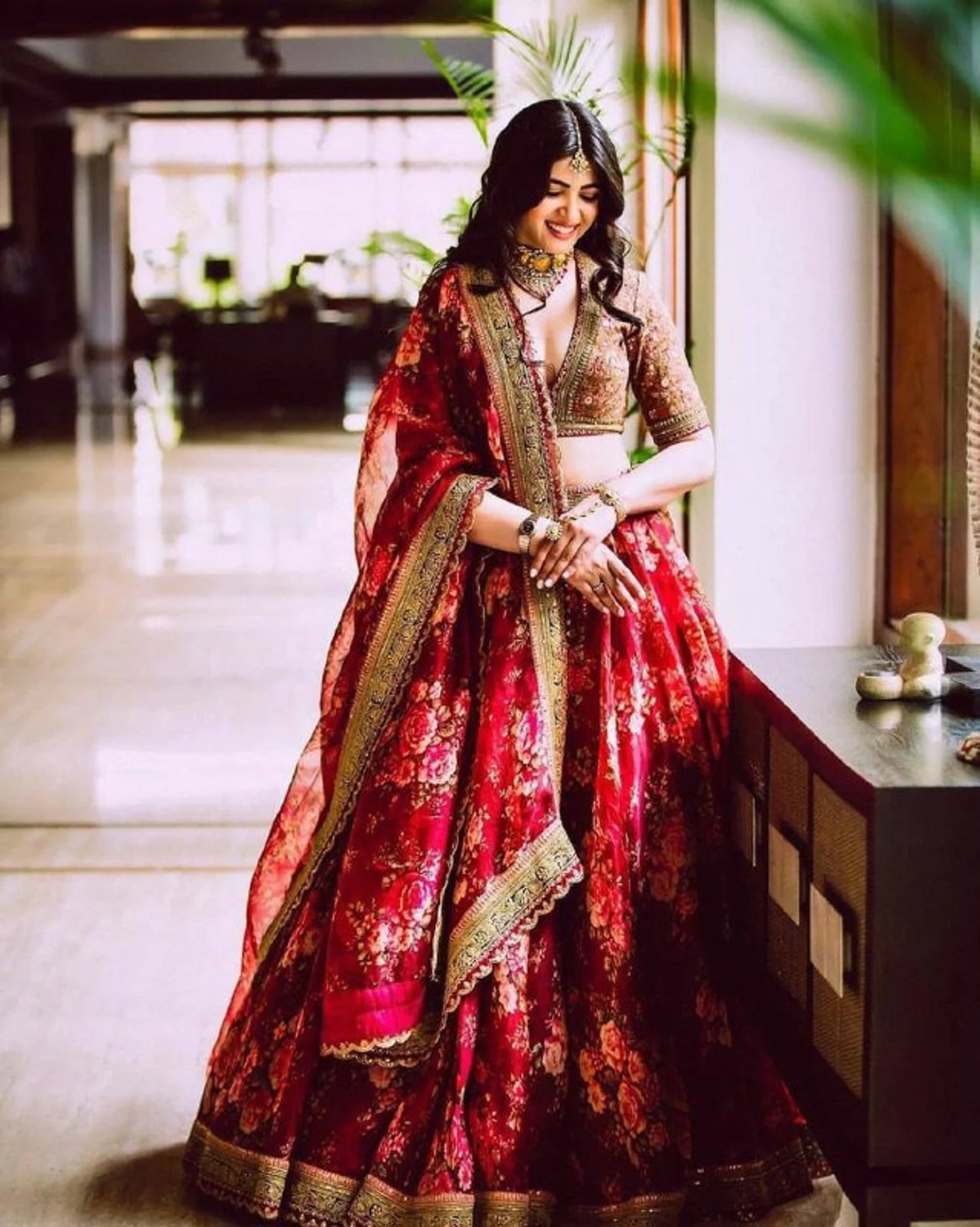 Red Khadi Organza Lehenga And Dupatta With Mulberry Silk Blouse