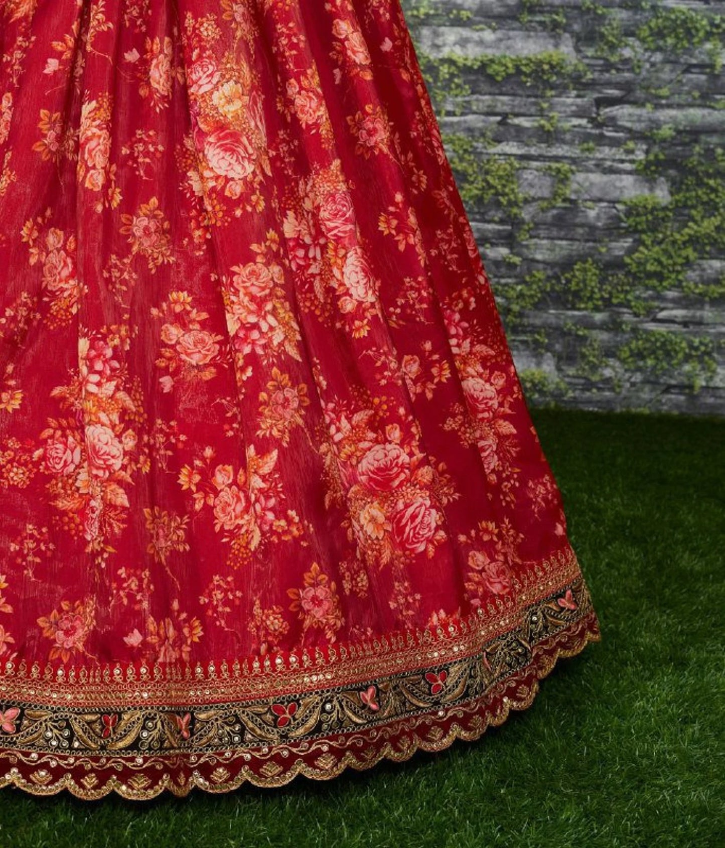 Red Khadi Organza Lehenga And Dupatta With Mulberry Silk Blouse