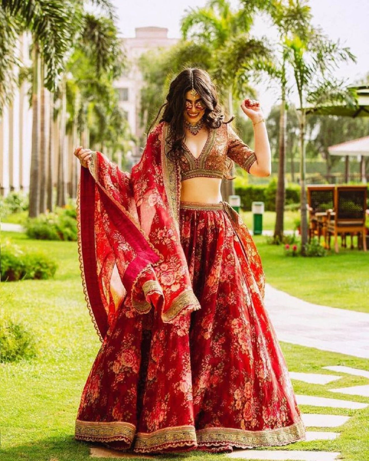 Red Khadi Organza Lehenga And Dupatta With Mulberry Silk Blouse