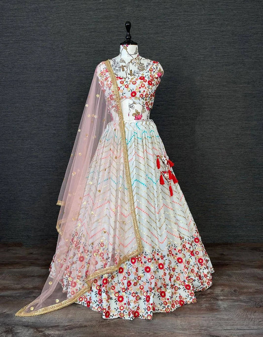 Exclusive Red and White Thread Embroidered Georgette Lehenga Choli