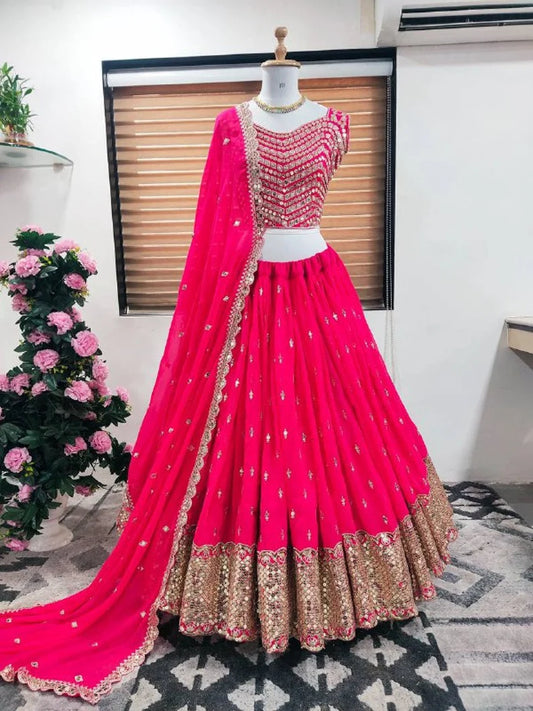 Embroidered Pink Georgette Party Wear Lehenga Choli