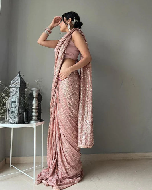 Pink Georgette Silk Plain Double Sequence Saree
