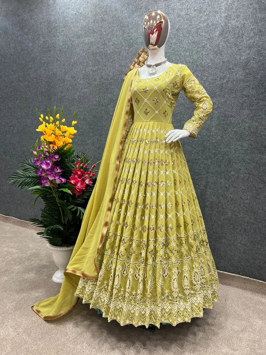 Embroidered Yellow Georgette Gown For Women