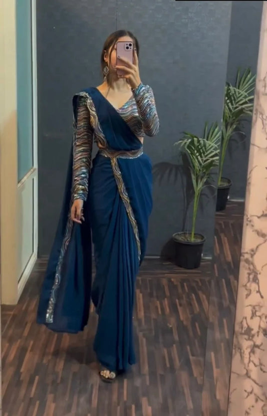 Teal Blue Party Wear Saree For Women