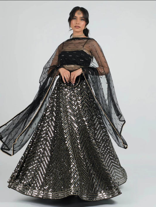 Party Wear Georgette Lehenga And Silk Blouse Black