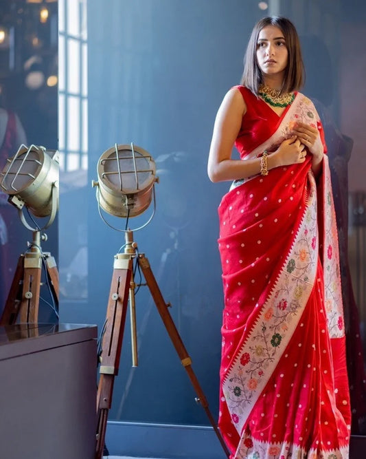 Red Jacquard Silk Saree With Weaving Zari Blouse