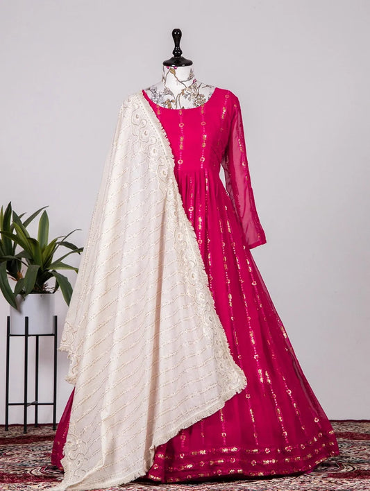 Embroidered Georgette Pink Gown For Women